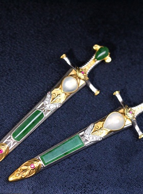 原创设计丨S925银镀金翡翠红蓝宝石骑士配件吊坠大马士革钢刃