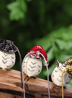 原创设计丨鹿角猫头鹰雪鸮吊坠魔法帽铜镀金珐琅小众首饰个性礼物