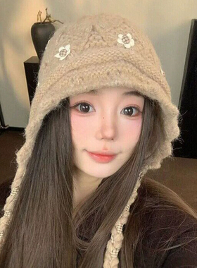 韩版时尚飘带花朵针织帽子女秋冬季加绒保暖毛线帽护耳包头帽防寒