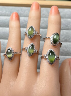 可调节正品天然玉石猫眼戒指和田玉碧玉925银镶嵌不掉色女款真玉