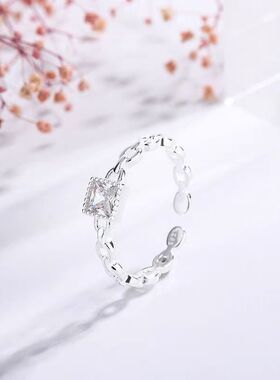 999纯银小方糖戒指女轻奢小众设计520礼物送女友闺蜜可调节方钻