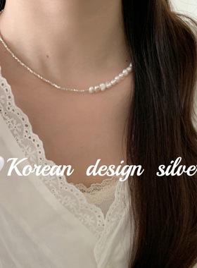 2024款韩国南大门简约银饰品S925纯银ab款天然珍珠爆闪碎银子项链