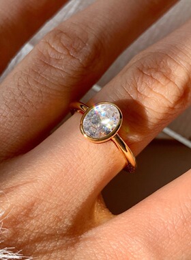 引斯/欧美简约气质百搭椭圆S925银镀金镶钻开口戒指通勤时髦手饰