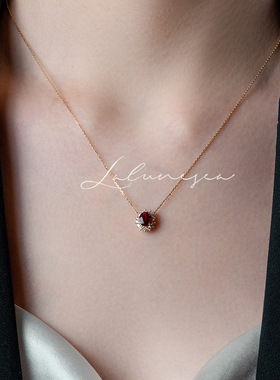 S925纯银镀18K金红宝石项链 复古轻奢简约百搭气质石榴红锆石吊坠