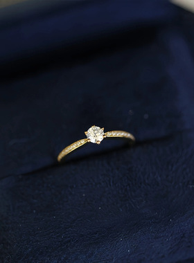 S925纯银镀18K金经典六爪钻戒指女简约设计高级感轻奢时尚百搭指