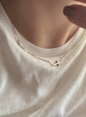 S925纯银镀14K金迷你褶皱十字架项链女馨子同款ins高级感锁骨链