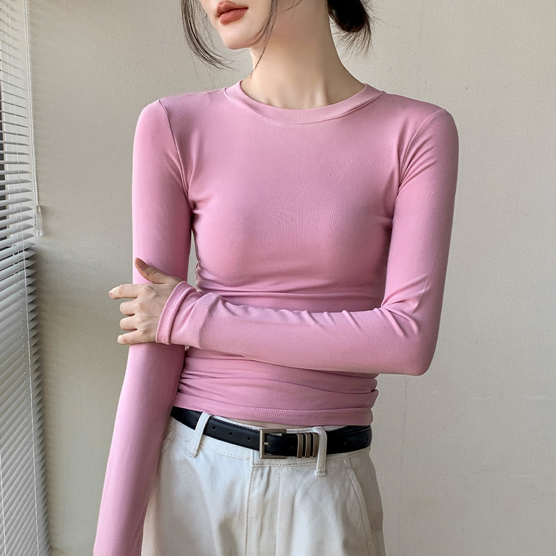 歌倍尚圆领纯色长袖T恤女2025春秋季内搭正肩上衣修身简约打底衫,淘宝优惠券,粉丝福利购,淘宝优惠卷