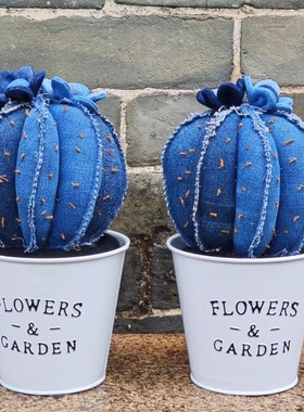 原创手工牛仔仙人球摆件室内盆栽仙人掌花盆花创意礼品桌面陈列品