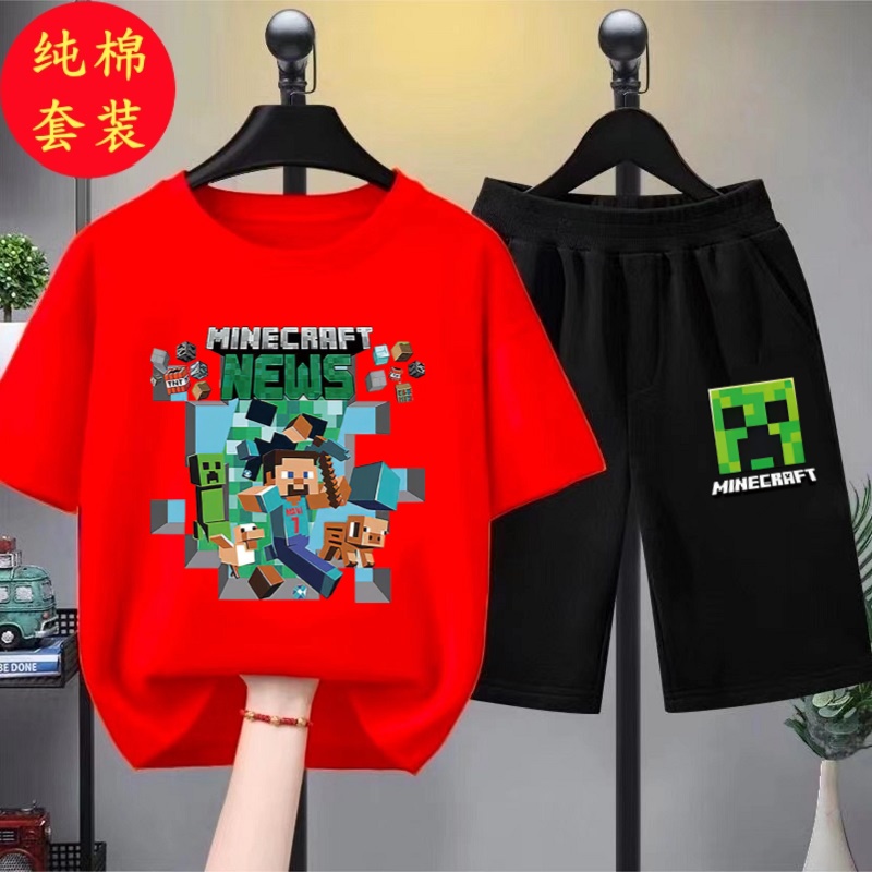 我的世界男女童夏季纯棉套装新款儿童卡通短袖短裤T恤薄款两件套 - 图1