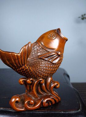 旧藏黄杨木雕刻手把件年年有鱼桌面小摆件工艺品锦鲤鱼文玩盘玩件
