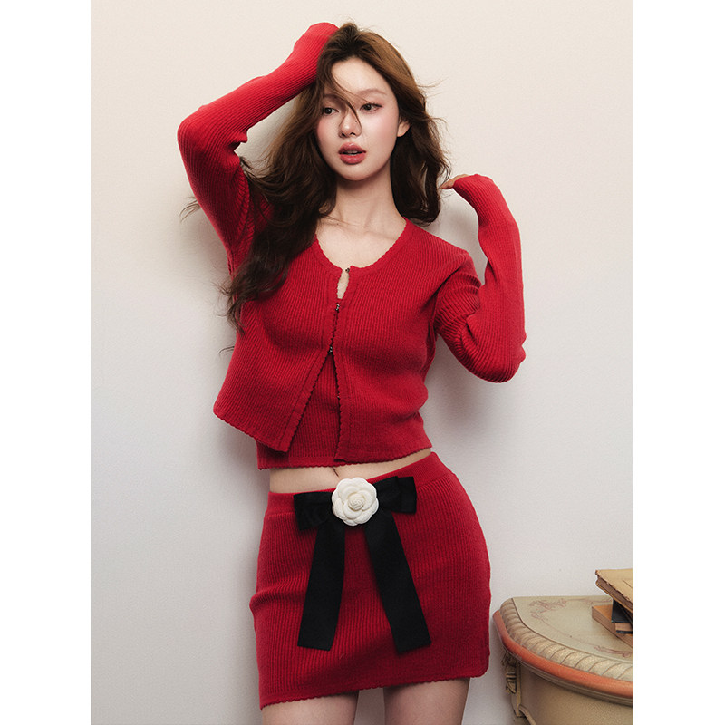 1P STUDIO 红色螺纹针织套装女秋冬开衫吊带包臀裙高级感三件套装,淘宝优惠券,粉丝福利购,淘宝优惠卷