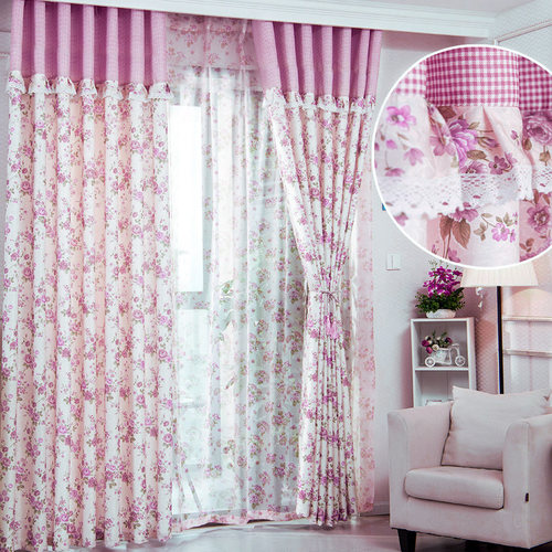 田园风格小碎花公主粉色遮光窗帘布卧室飘窗定制帘头花边拼接成品 - 图1
