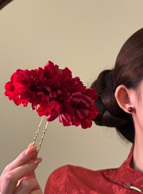 原创【千恋万花】氛围感红色花朵发簪新中式新娘订婚头花好看发饰