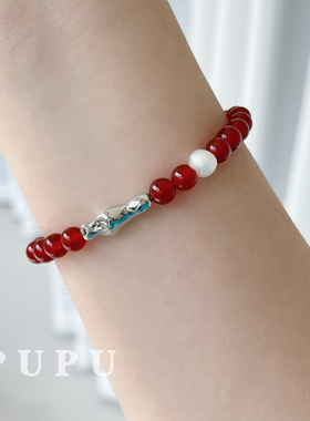 相思弹力手串PUPU天然红玛瑙小众