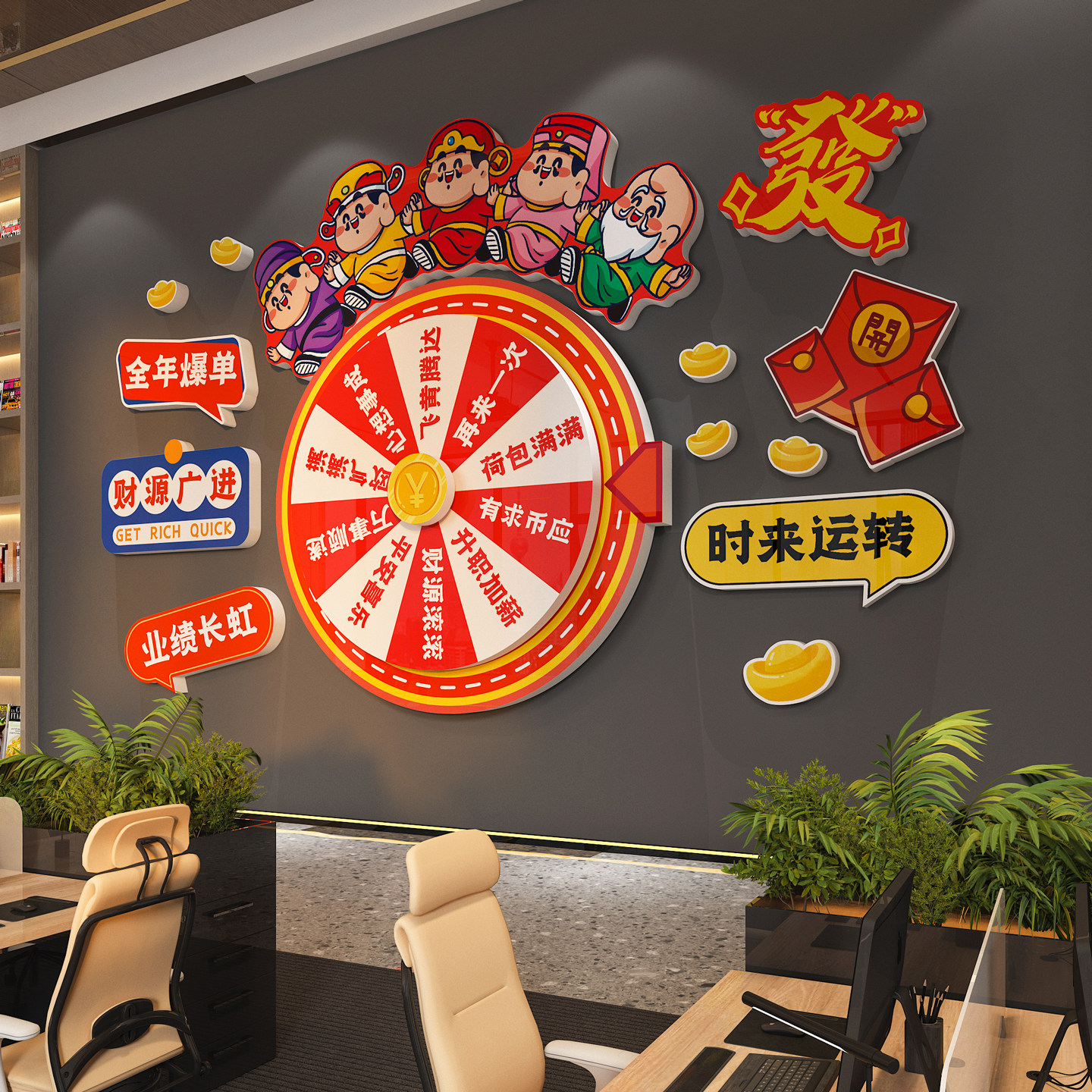 财神爷互动幸运大转盘标语文化墙办公室墙面装饰公司年会抽奖道具,淘宝优惠券,粉丝福利购,淘宝优惠卷