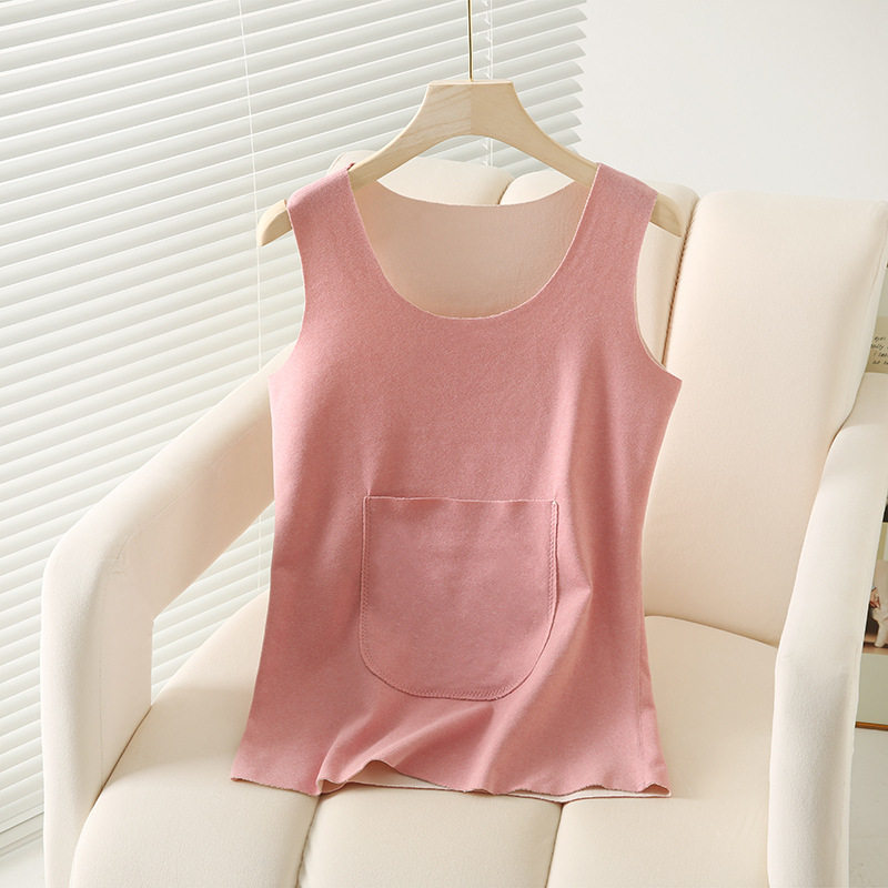 秋冬季德绒带口袋防寒保暖背心女士无痕内搭吊带修身加绒加厚打底