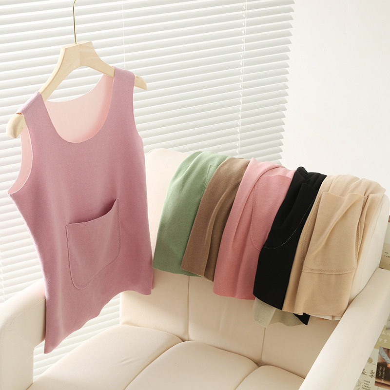 秋冬季德绒带口袋防寒保暖背心女士无痕内搭吊带修身加绒加厚打底