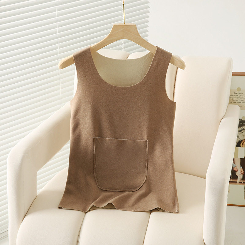 秋冬季德绒带口袋防寒保暖背心女士无痕内搭吊带修身加绒加厚打底