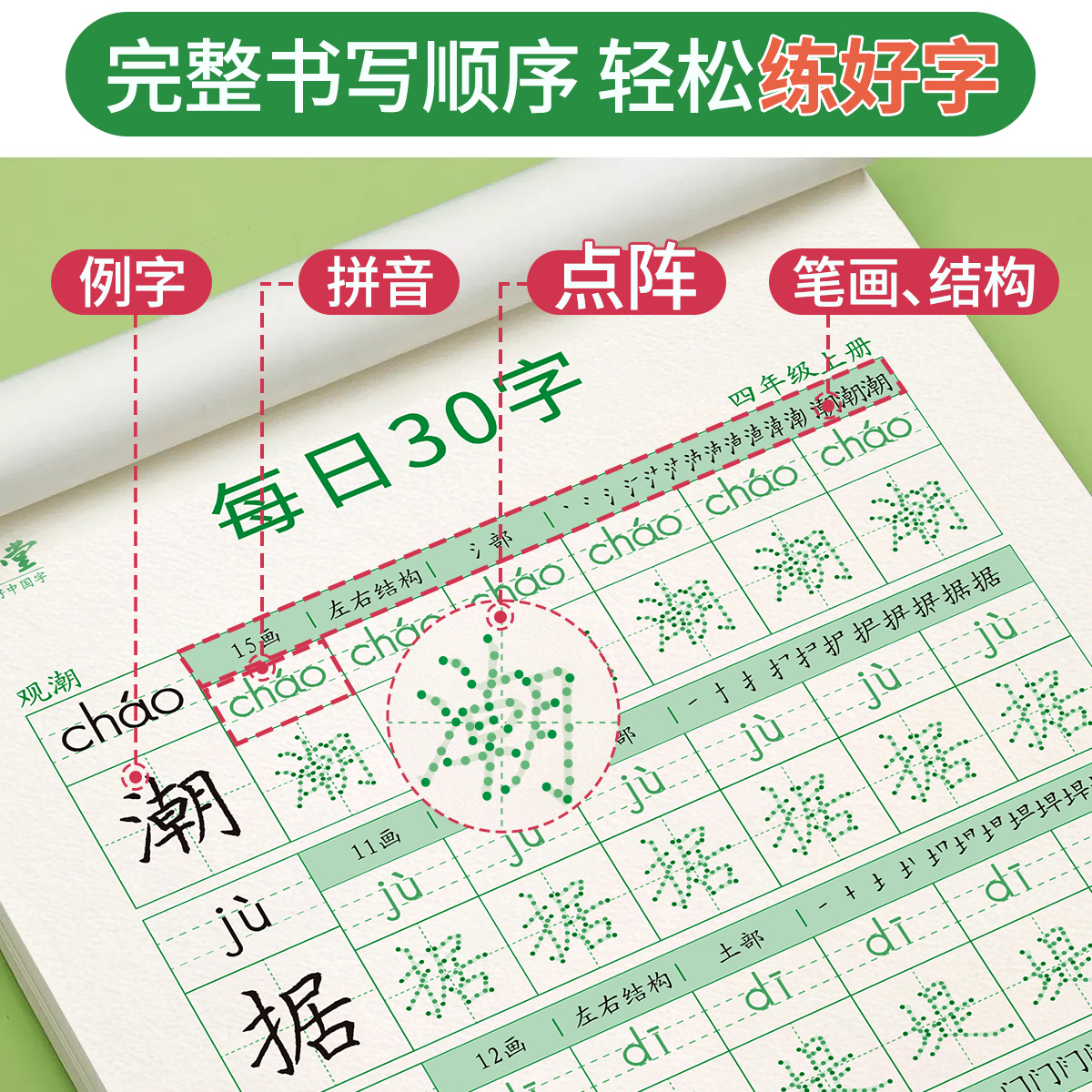 六品堂四年级上册下册练字帖每日一练小学生专用字帖钢笔每日30字五六年级人教版语文同步点阵控笔训练儿童练习写字硬笔书法楷书 - 图3