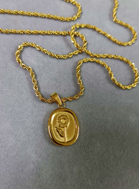 复古法式浮雕向日葵钛钢镀18K金麻花项链高级感百搭长款毛衣链潮