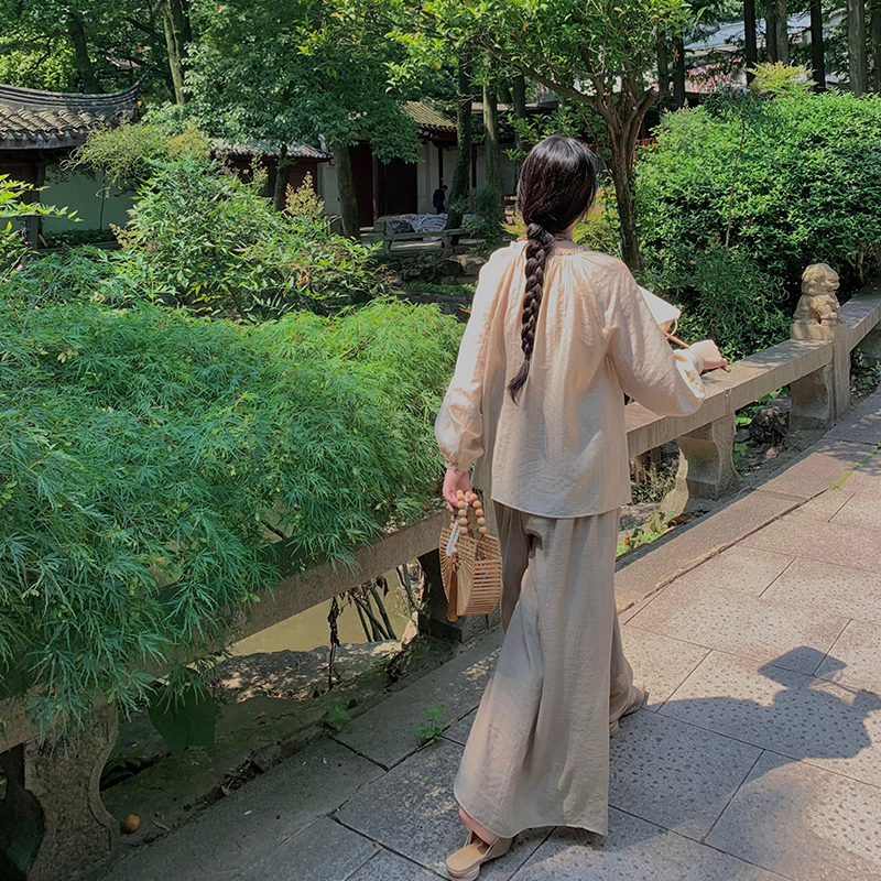 麓津自制《浮生半日》舒适遛弯裤 夏季高腰垂感慵懒棉麻禅意裤子 - 图2