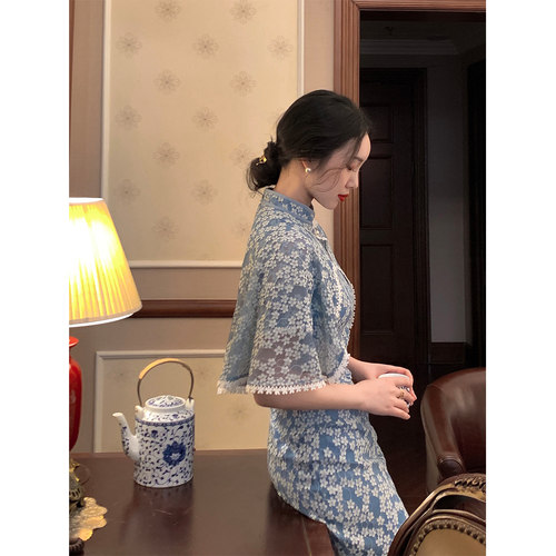 麓津自制《青黛》复古新款少女披肩改良旗袍连衣裙子蕾丝两件套 - 图2