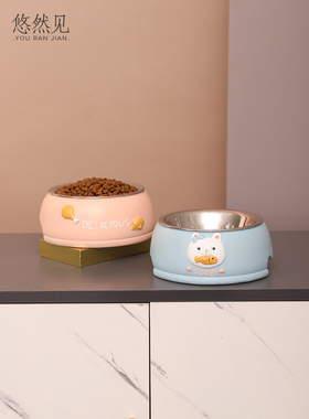 可爱风防打翻猫粮不锈钢饭盆摆件