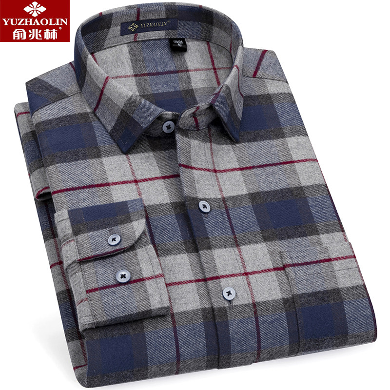 俞兆林长袖纯棉灰色格子中年衬衫 瑞飞服饰衬衫