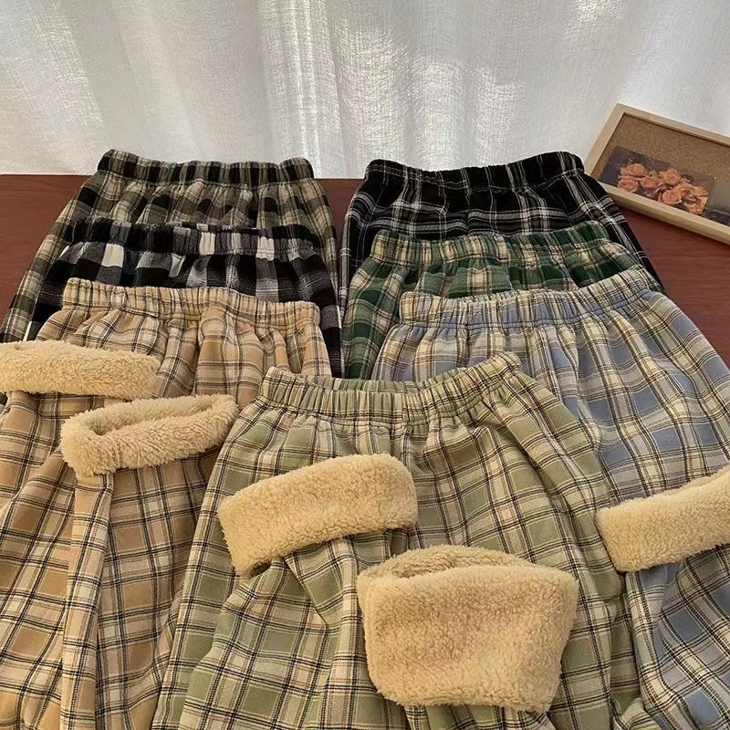 2024秋冬爆加绒加厚羊羔绒格子裤时尚百搭宽松直筒休闲阔腿裤棉裤