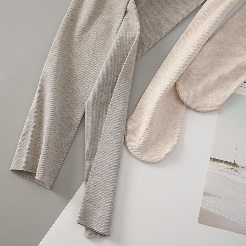 春秋燕麦色精梳棉细竖条纹连裤袜 rosirollan服饰打底裤