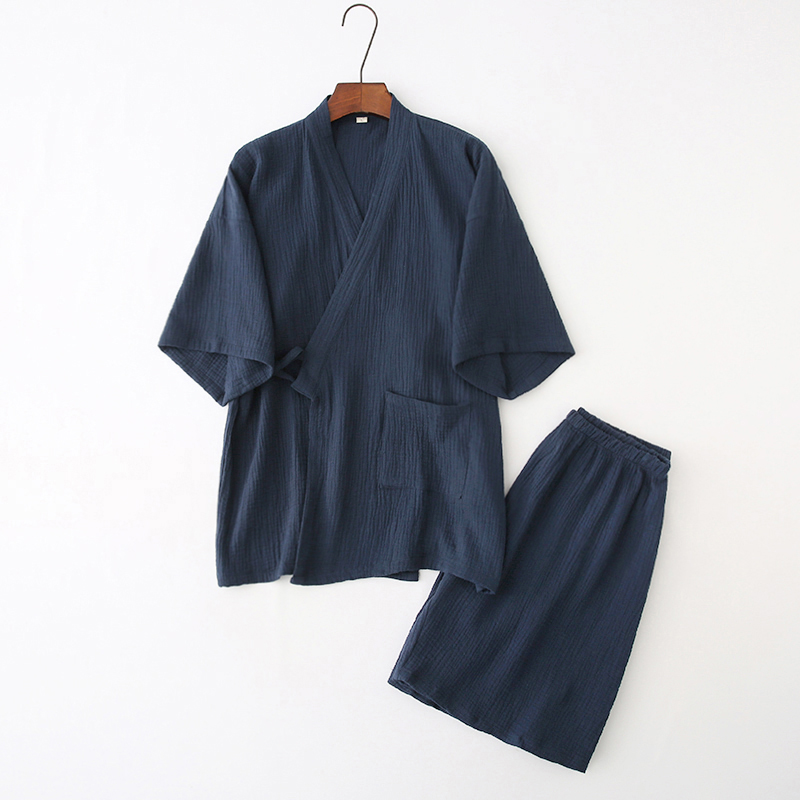 夏季 纯棉纱布 男士日式和服汉服短袖睡衣套装浴衣温泉汗蒸服系带 - 图0