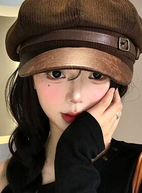 棕色皮檐贝雷帽女春秋美拉德复古显脸小八角帽大头围报童画家帽子