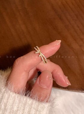 轻奢双排珍珠锆石开口戒指时尚可调节小众设计简约个性指几何元素