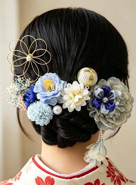 头饰和风水引干花发钗套装日本绢花和服妆造发饰珍珠花朵发簪