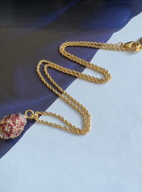 俄罗斯小彩蛋中古复活节彩蛋黄铜珐琅釉彩满钻紫色小花项链锁骨链