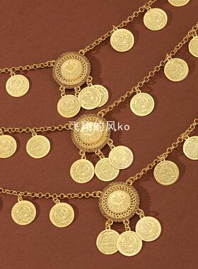 身体饰品中东迪拜金色合金镂空镶钻钱币流苏身体链项链