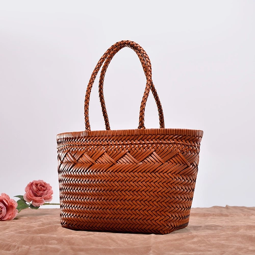 Кожаная плетеная пляжная летняя сумка, корзина, из натуральной кожи, французский стиль