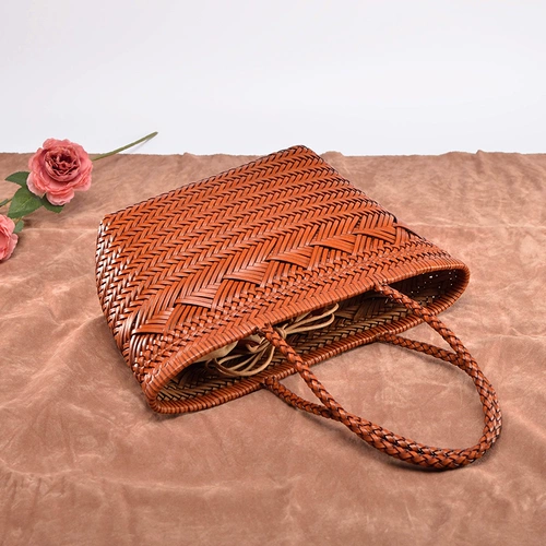 Кожаная плетеная пляжная летняя сумка, корзина, из натуральной кожи, французский стиль