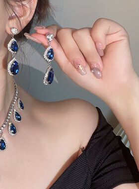 宝蓝色颈链镶钻水滴项链耳环套装奢华气质宝石蓝宫廷风婚纱新娘配