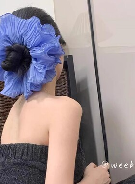 优雅蓝色木耳边大号大肠发圈女慵懒风多层丸子头橡皮筋发绳发圈发