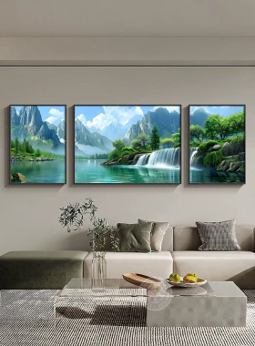 挂画山水画高山流水沙发客厅背有三联画靠山背景墙装饰画大气高端
