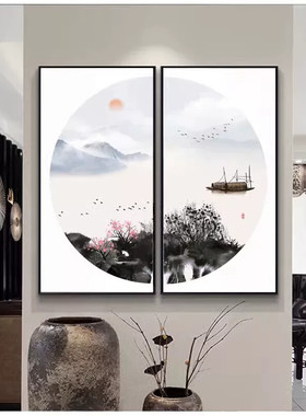 新中式山水画 客厅装饰画茶室餐厅挂画 中国风流水生财水墨画墙画