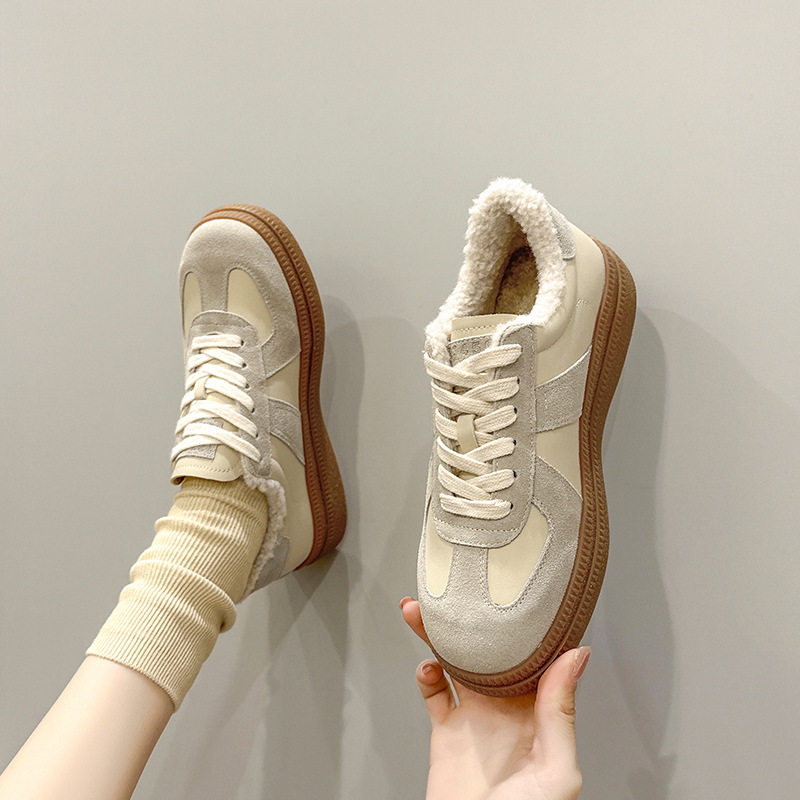 真皮德训鞋女加绒2026秋冬新款毛毛棉鞋防滑厚底复古运动休闲板鞋,淘宝优惠券,粉丝福利购,淘宝优惠卷