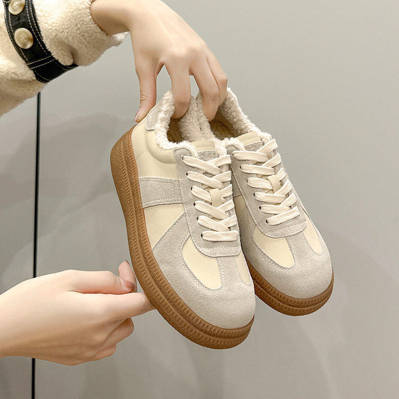 真皮德训鞋女加绒2026秋冬新款毛毛棉鞋防滑厚底复古运动休闲板鞋,淘宝优惠券,粉丝福利购,淘宝优惠卷