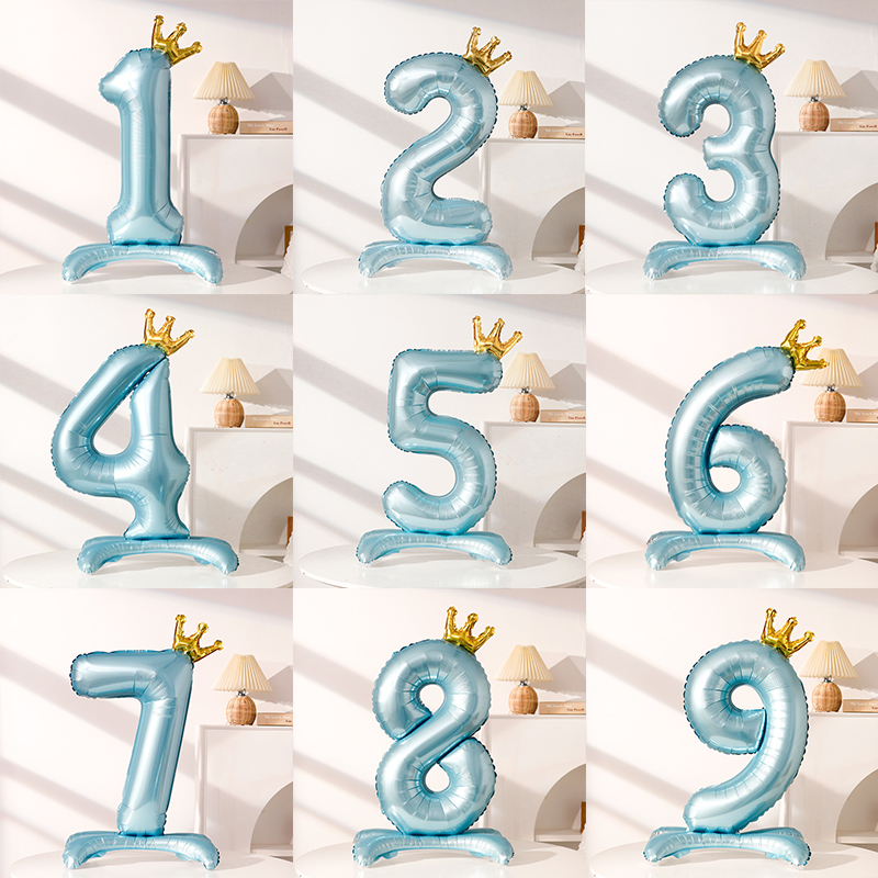 42寸蓝色站立皇冠数字大号气球男孩宝宝生日周岁拍照背景场景装饰 - 图0