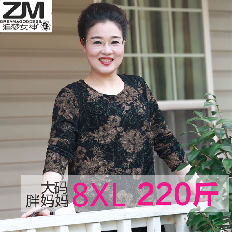 胖妈妈装春夏200斤加肥加大码蕾丝打底衫长袖中年女装连衣裙宽松