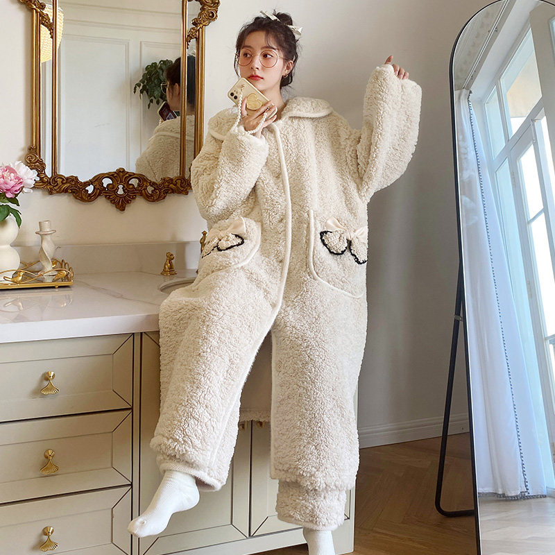 秋冬季珊瑚绒加绒蝴蝶结长款睡袍 名夫服饰睡袍/浴袍