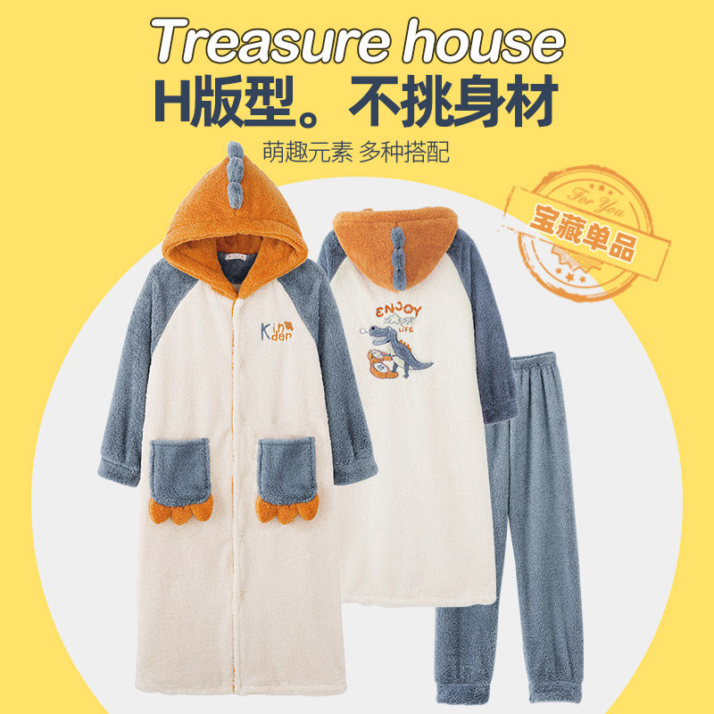 秋冬季长款珊瑚绒加绒睡衣新款睡袍 名夫服饰睡袍/浴袍