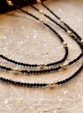 复古丝绒钻石黑尖晶珍珠项链手链