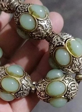 早期收来的一串藏银包玉手串玉质通透油性饱满古玩首饰复古民族风